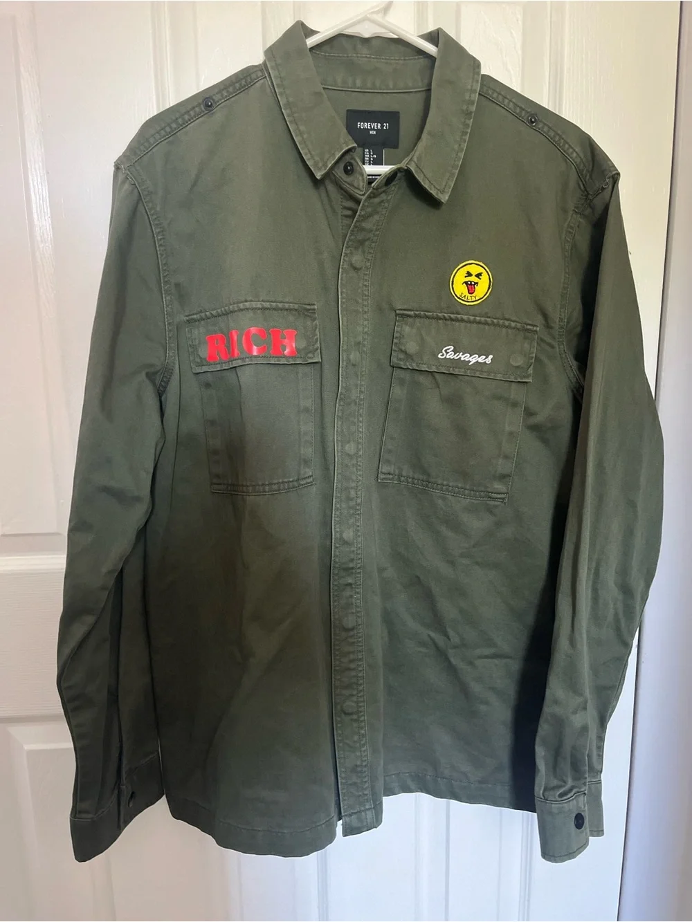 Forever 21 Olive Green Military Field Jacket with Red and Yellow Patch Accents